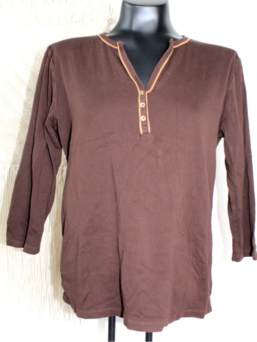 Lauren Ralph Lauren XL Brown Long Sleeve v neck Henley with Tan Trim 3/4 Sleeve